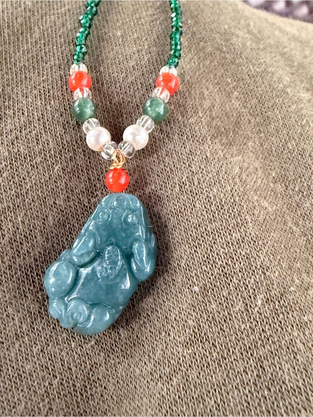 Authentic Grade A Jadeite Jade Pixiu Pendant Faceted Green Beaded Necklace